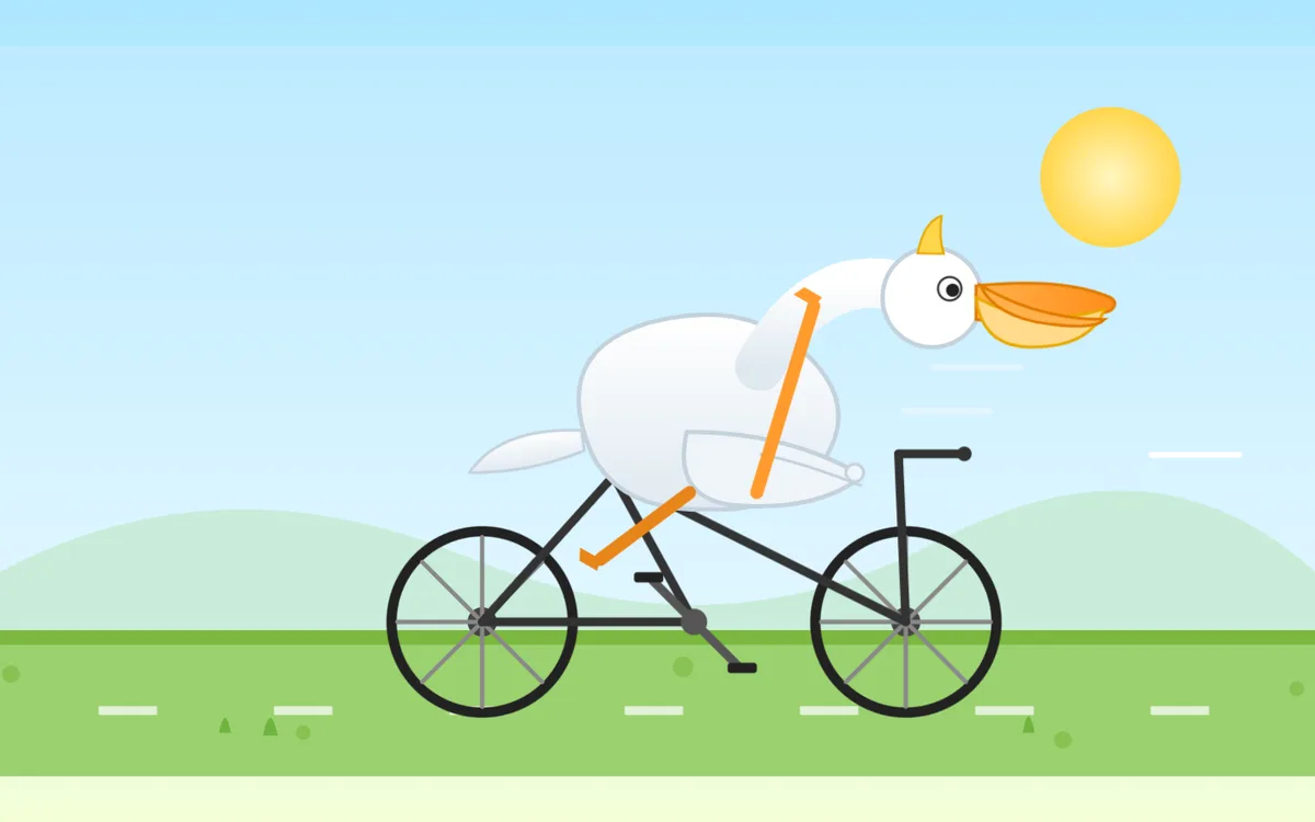 HY3 — still frame from its animated pelican-on-a-bicycle run